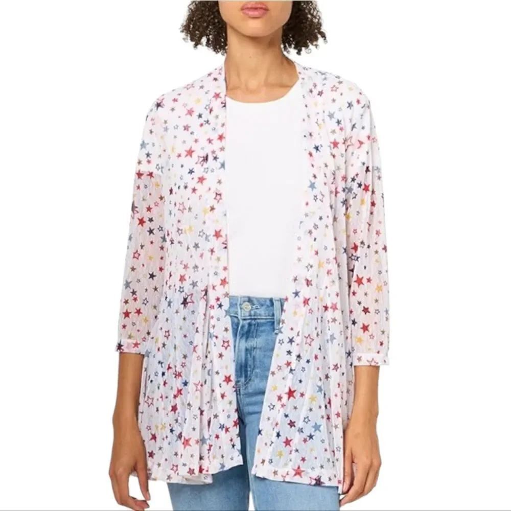 Ali Miles Women's Star Printed Mesh Open Front Kimono 3/4 Sleeves Cardigan
